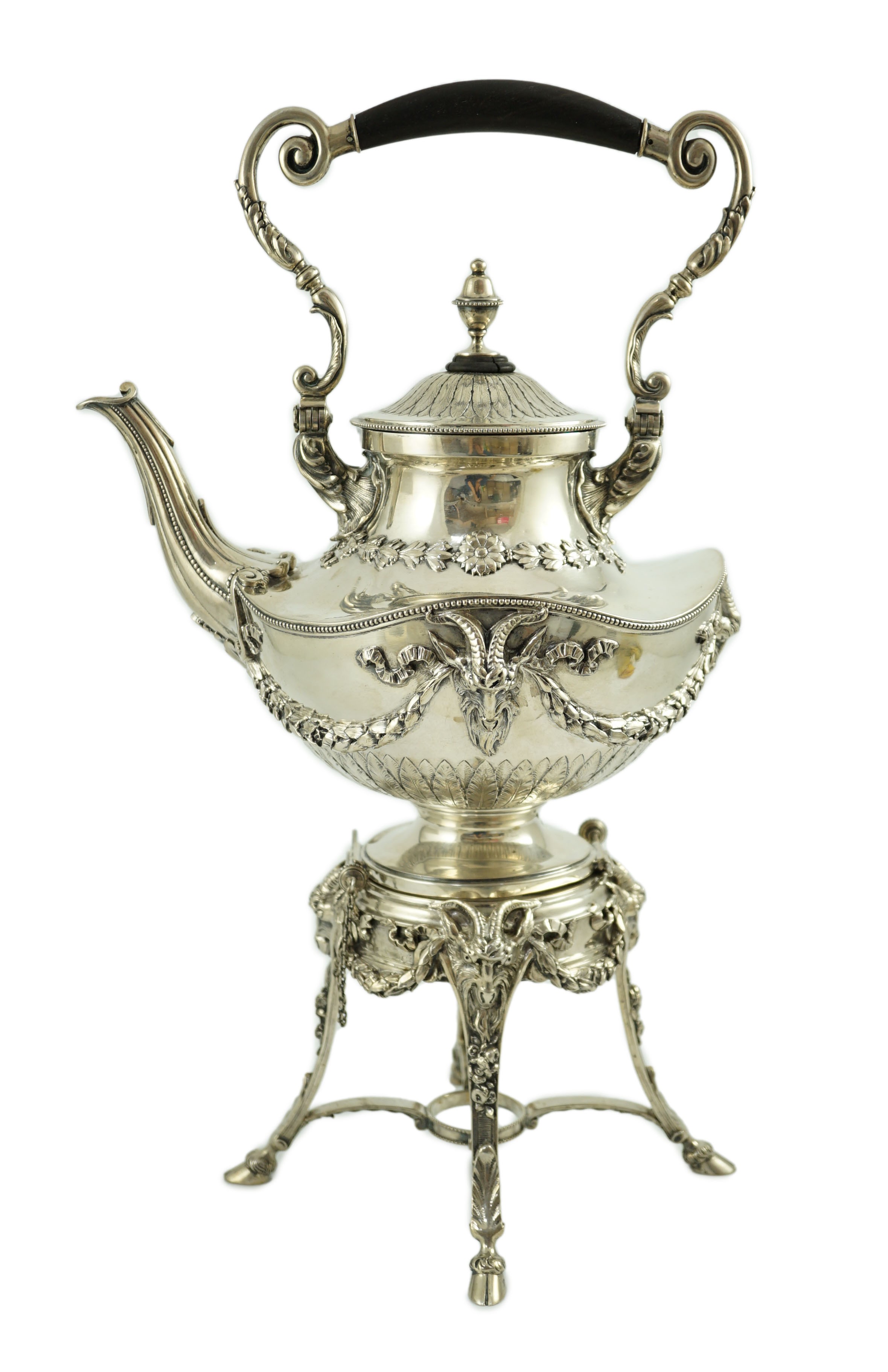 An ornate late 19th/early 20th century Austro-Hungarian 800 standard silver tea kettle on stand